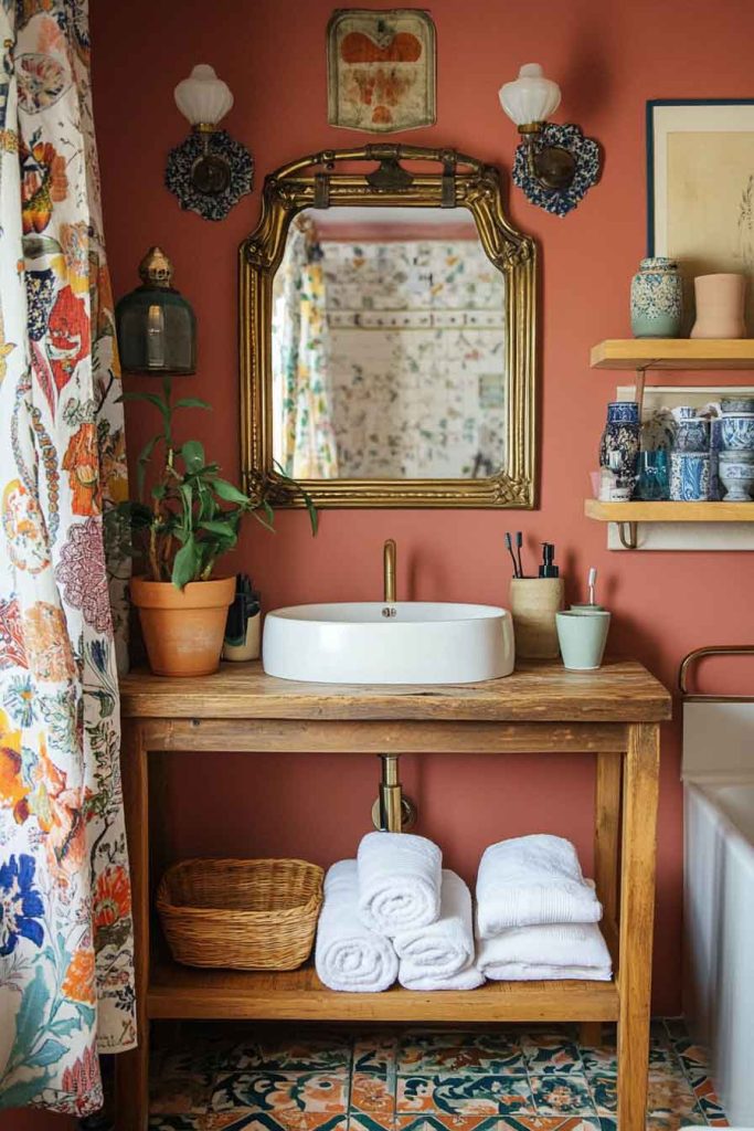 Colorful Boho Bathroom with Vintage Mirror