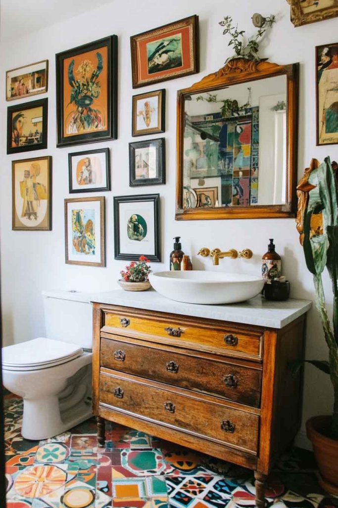 Eclectic Boho Bathroom with Gallery Wall