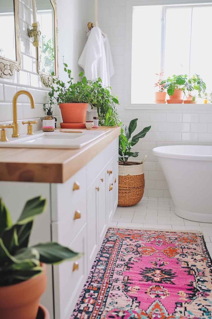 Bright Boho Bathroom with White Subway Tiles
