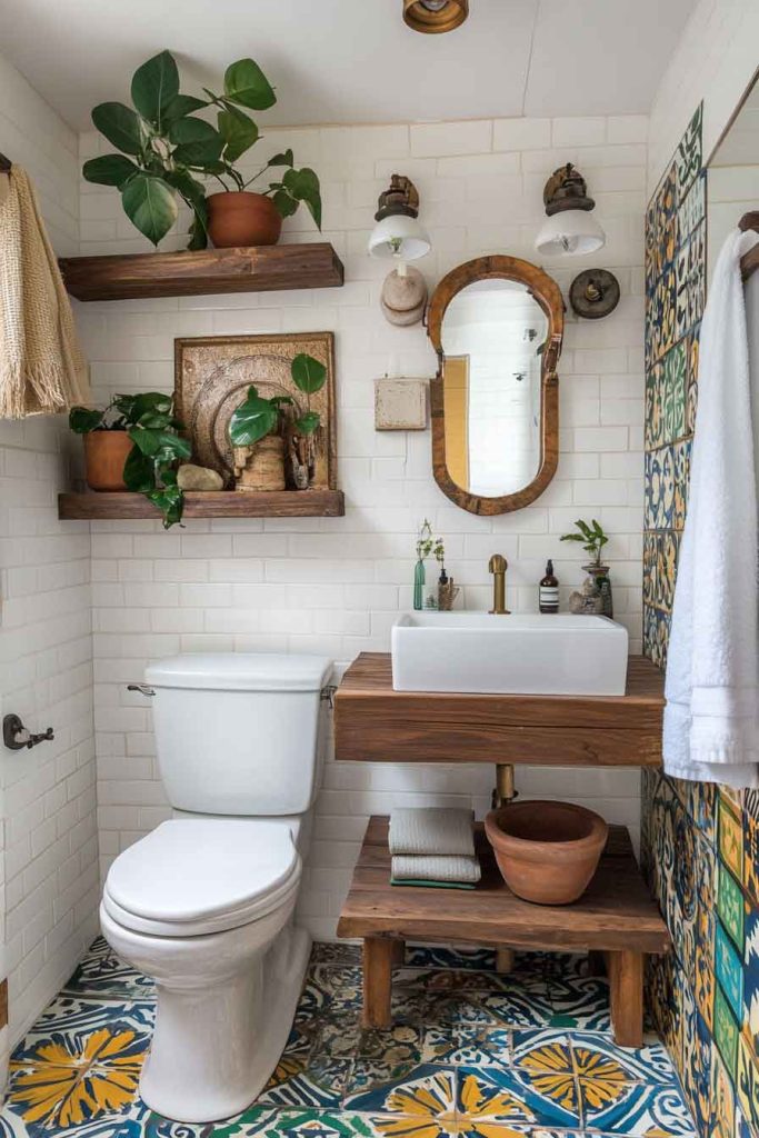 Artistic Boho Bathroom with Hand-Painted Tiles
