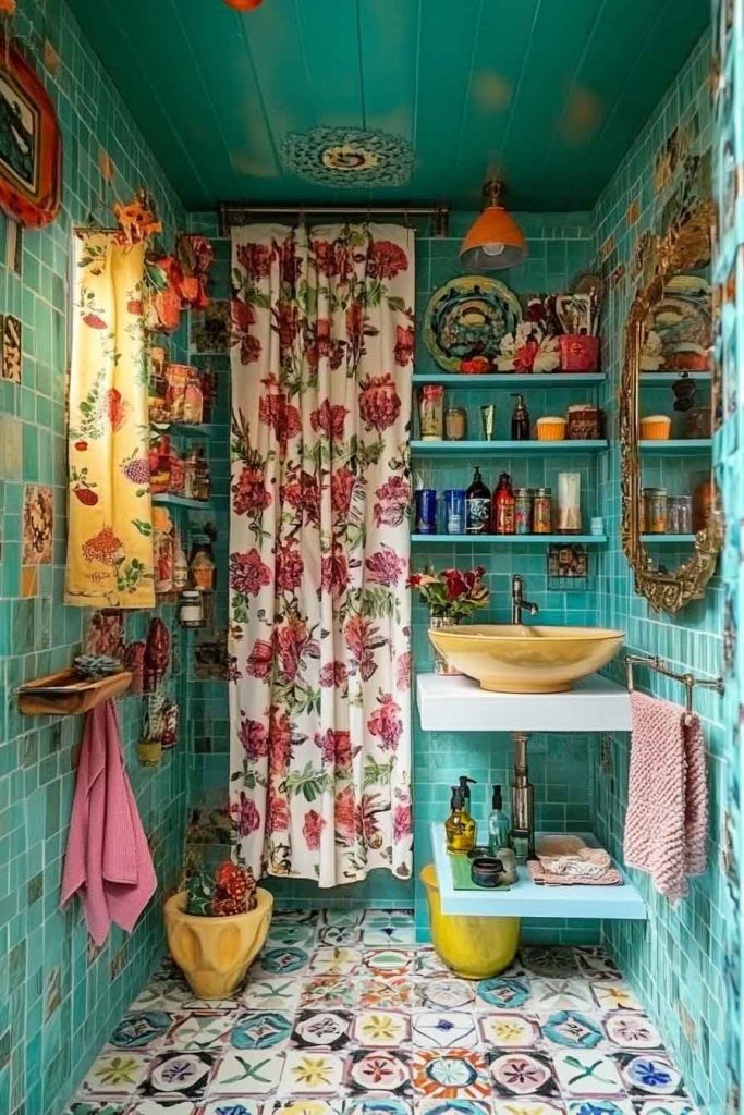 Maximalist Boho Bathroom with Layered Patterns