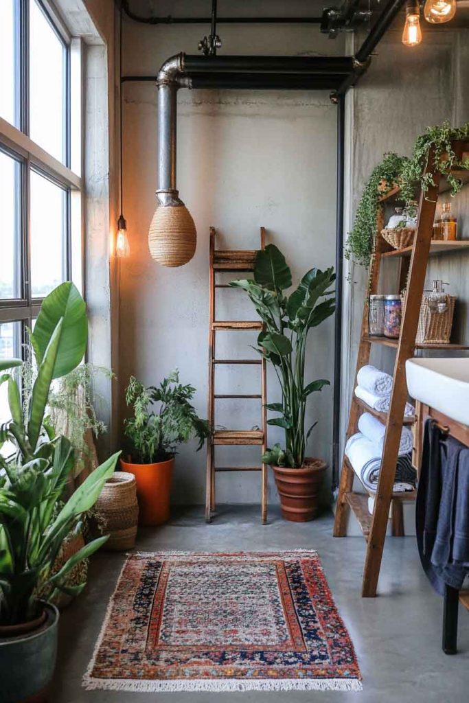 Industrial Boho Bathroom with Exposed Pipes