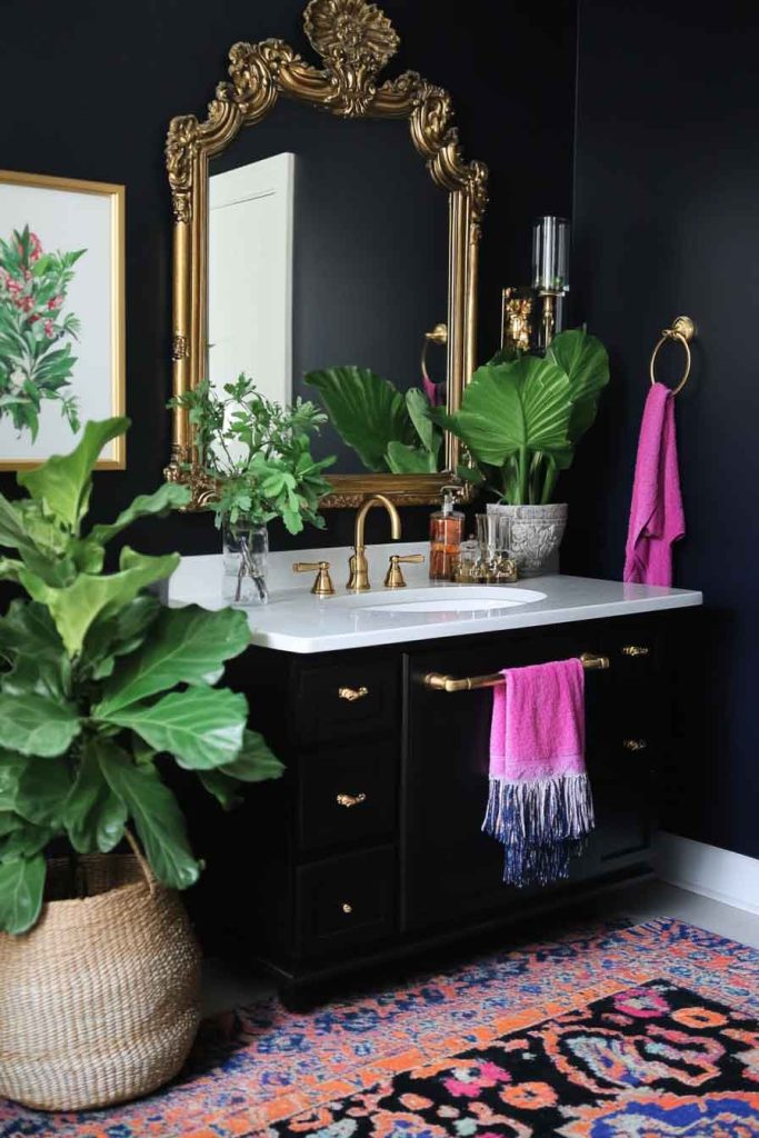 Bold Boho Bathroom with Dark Walls