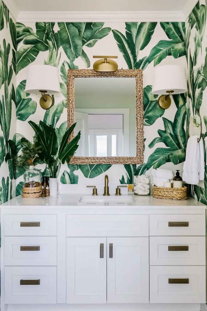 Tropical Boho Bathroom with Banana Leaf Prints
