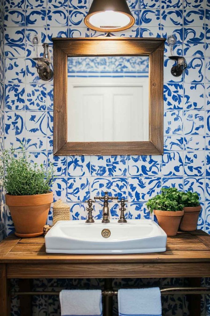 Mediterranean Boho Bathroom with Blue and White