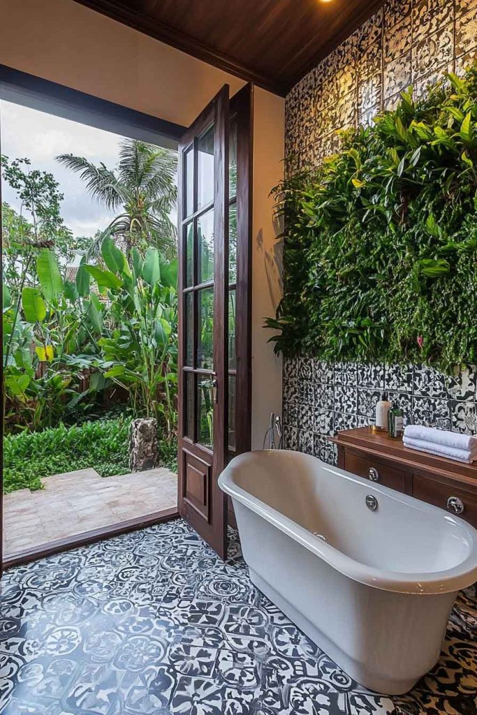Outdoor-Indoor Boho Bathroom with Garden Access
