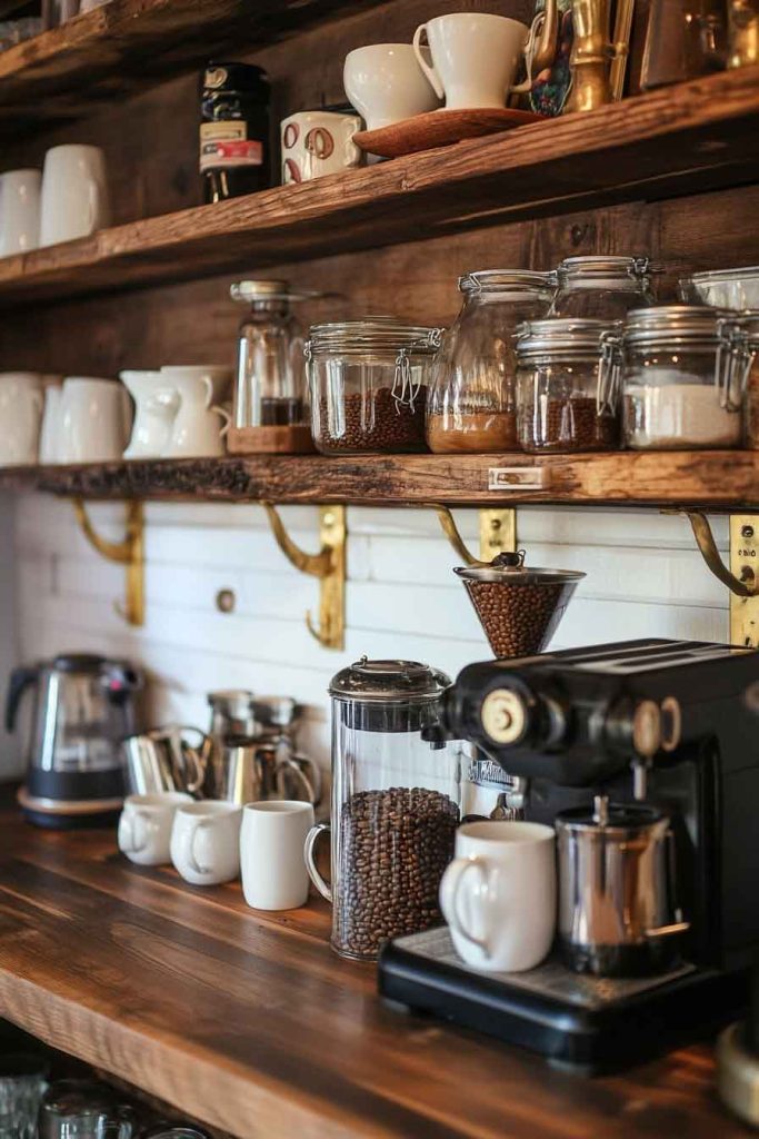 Rustic Wooden Coffee Bar with Open Shelving