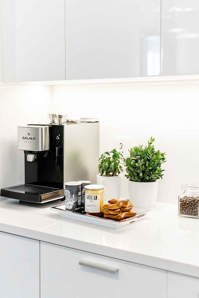 Modern Minimalist Coffee Nook with White Cabinetry