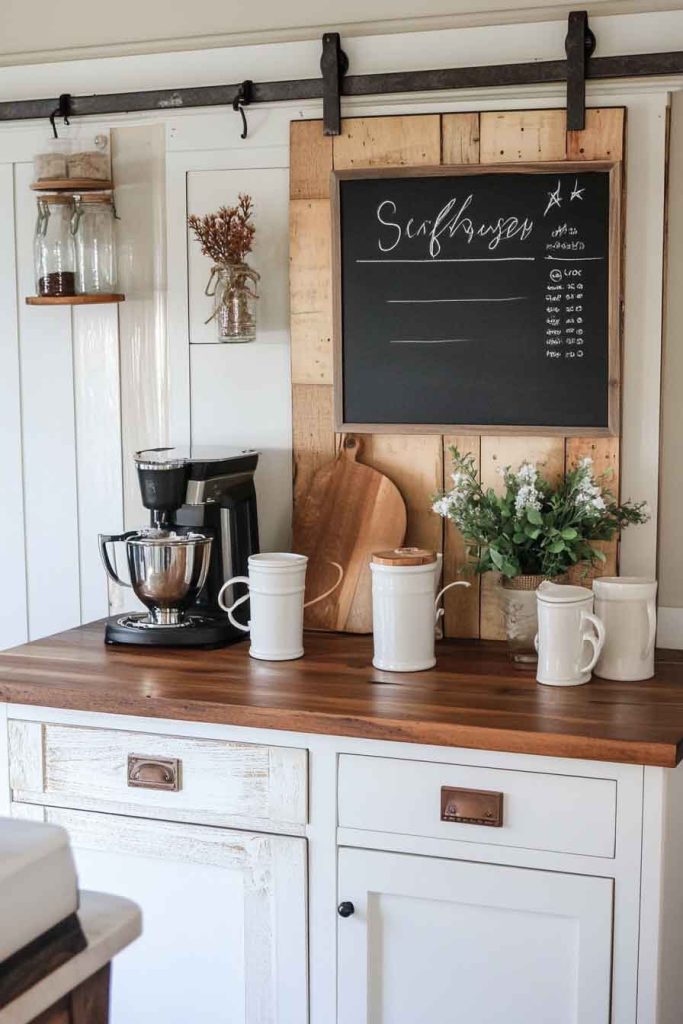 Farmhouse Coffee Bar with Sliding Barn Door Cabinet