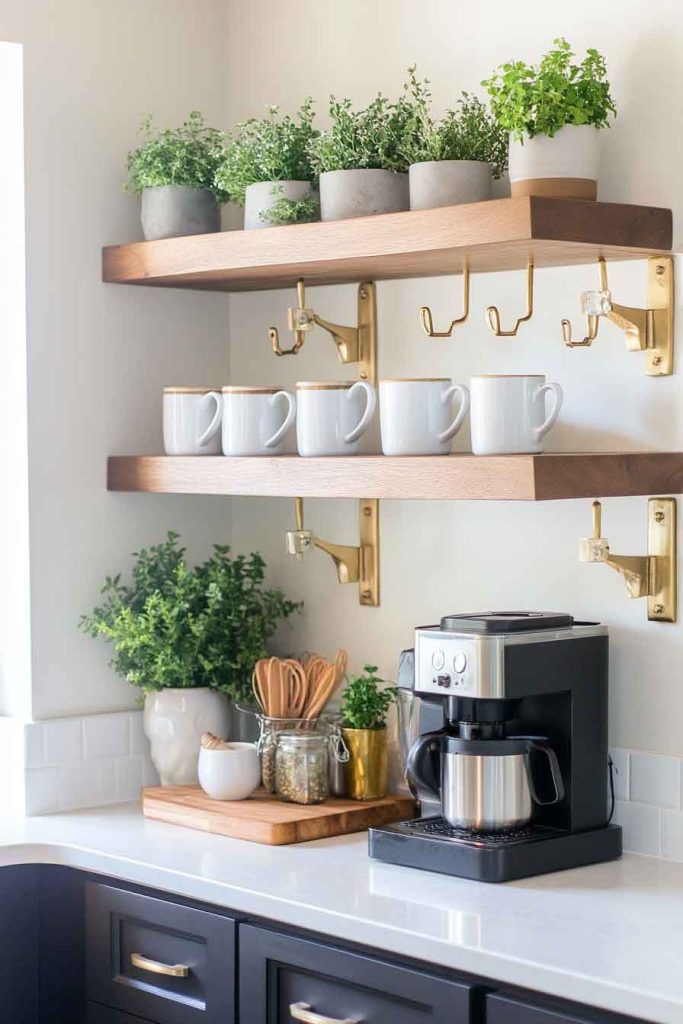Coffee Bar with Floating Shelves and Hanging Mugs