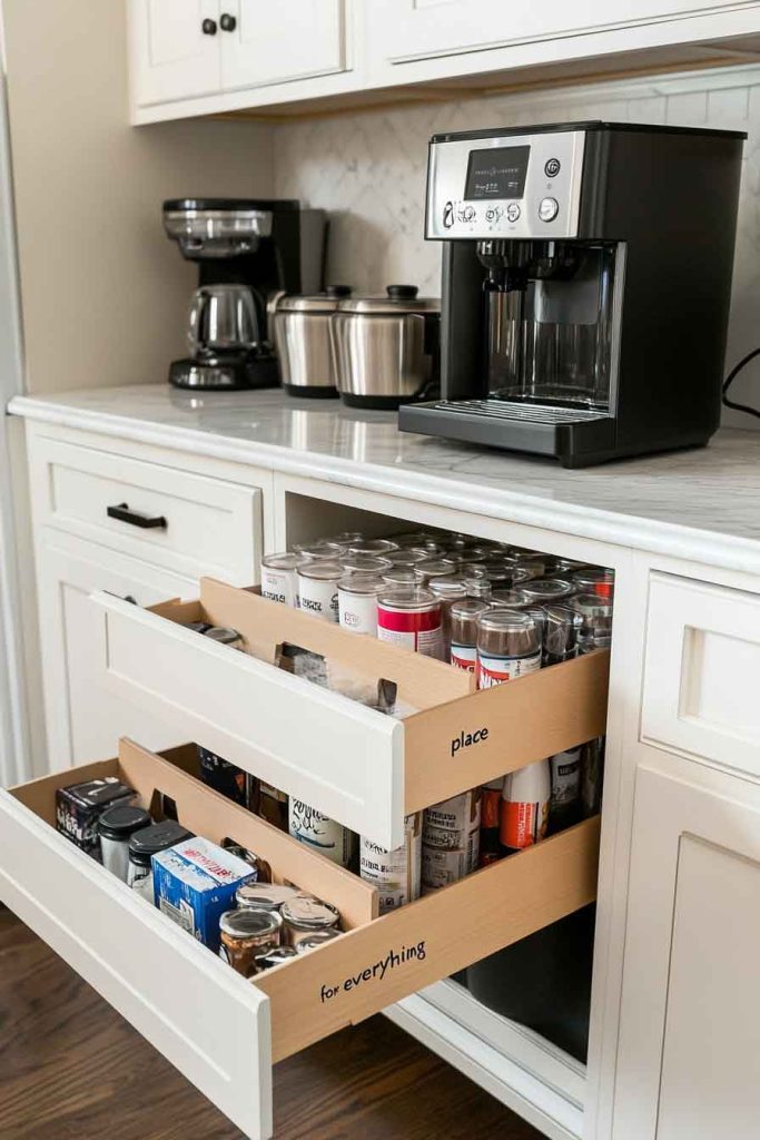 Coffee Station with Pull-Out Drawer Organizers