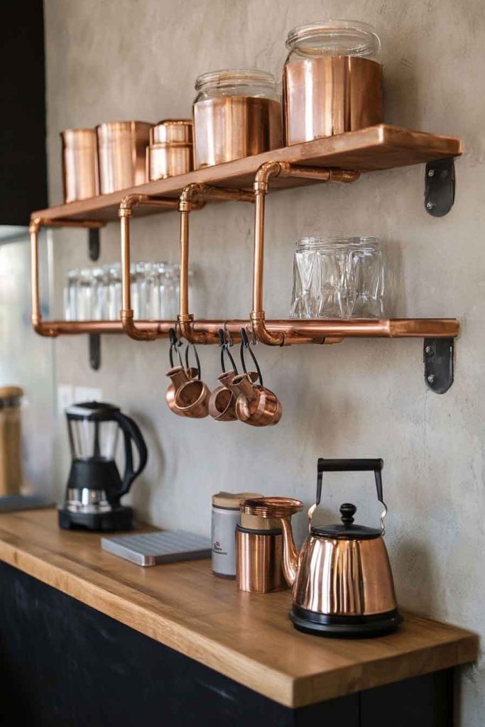 Coffee Bar with Copper Accents and Pipes