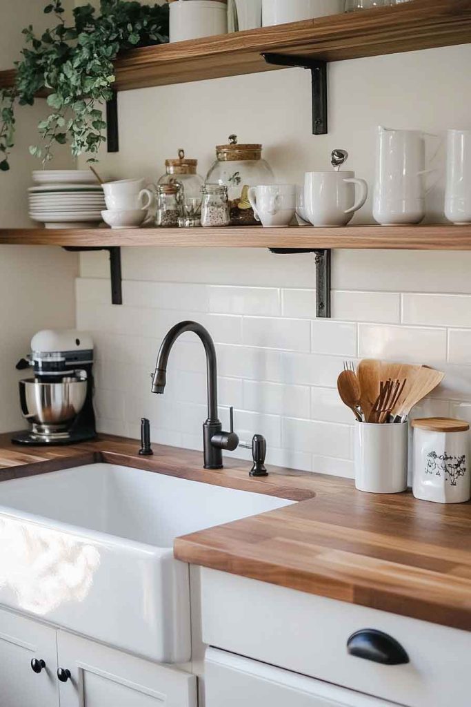 Coffee Bar with Butcher Block and Farmhouse Sink