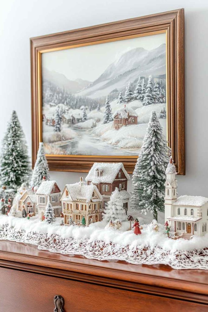 This image shows a lovely cottage-style Christmas display on a wooden dresser