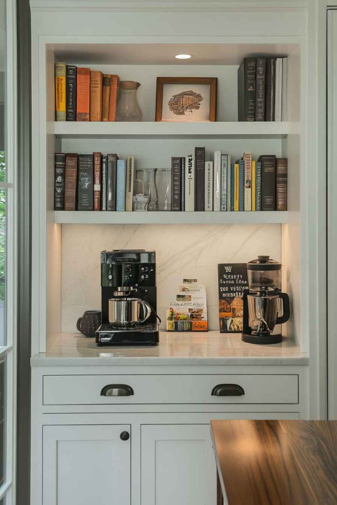 Coffee Bar with Built-In Bookshelf for Cookbooks
