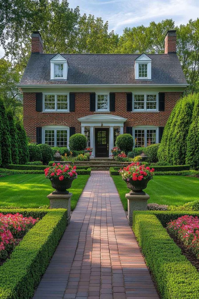 Classic Symmetrical Front Yard with Boxwood Hedges