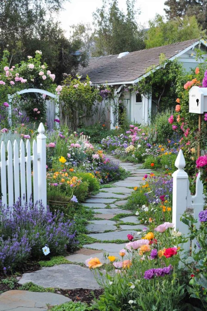 Cottage Garden Front Yard with Stone Path