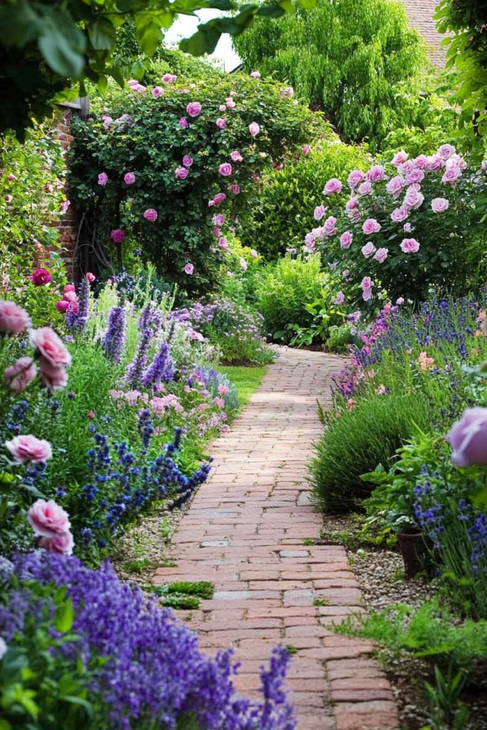 English Garden Front Yard with Climbing Roses