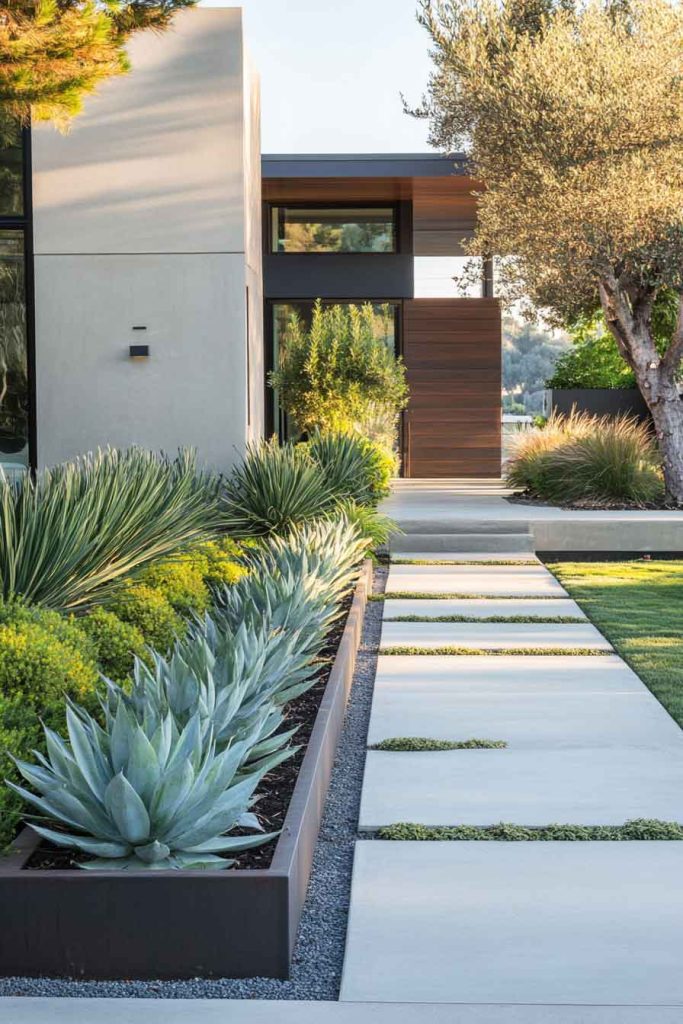 Contemporary Front Yard with Architectural Plants