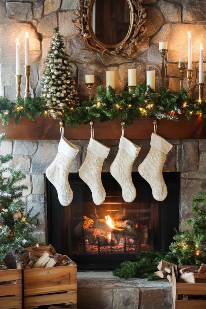 Rustic Fireplace Mantel with Stockings