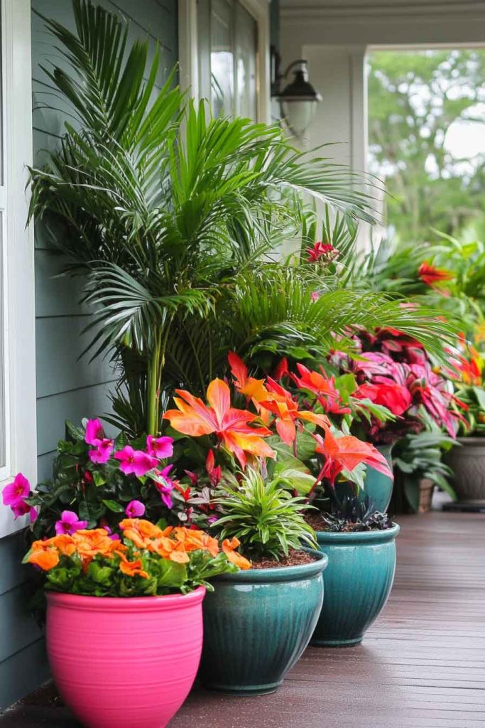 Colorful Tropical Container Garden Front Porch