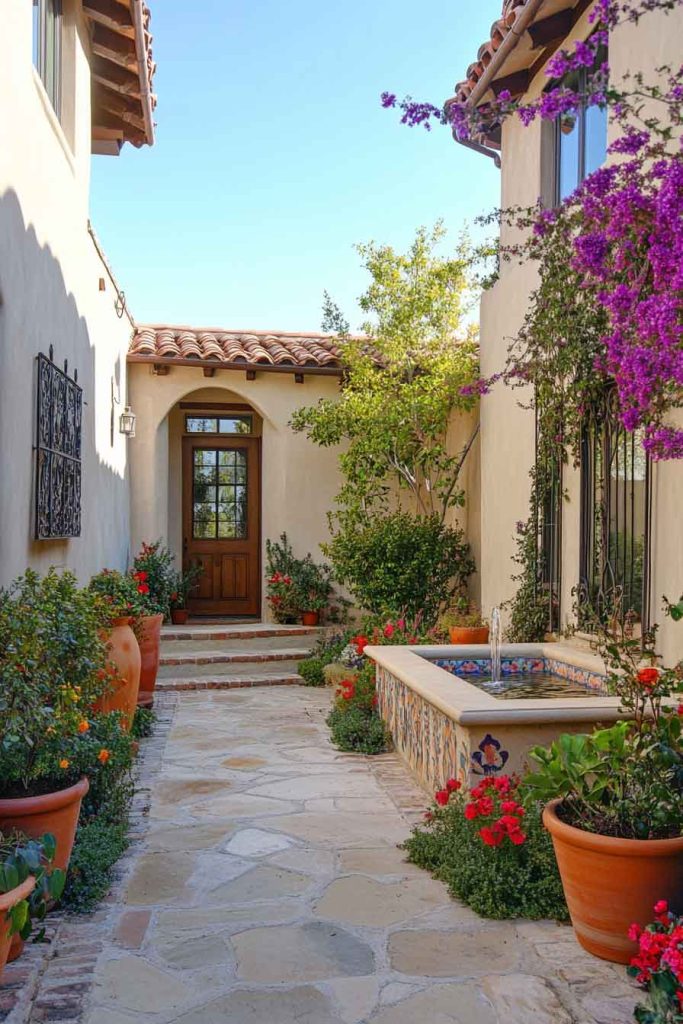 Spanish Colonial Front Yard with Fountain