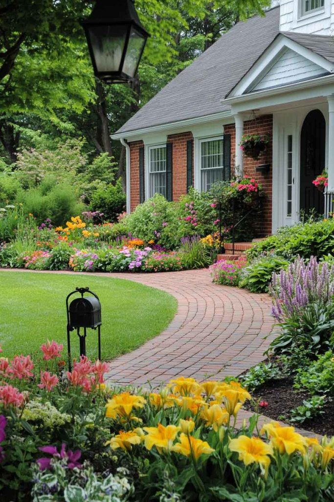Traditional Front Walkway with Perennial Borders
