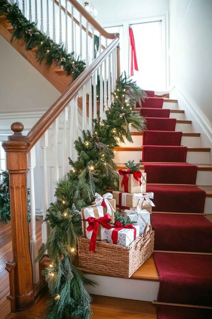 Elegant Staircase with Garland and Ribbons