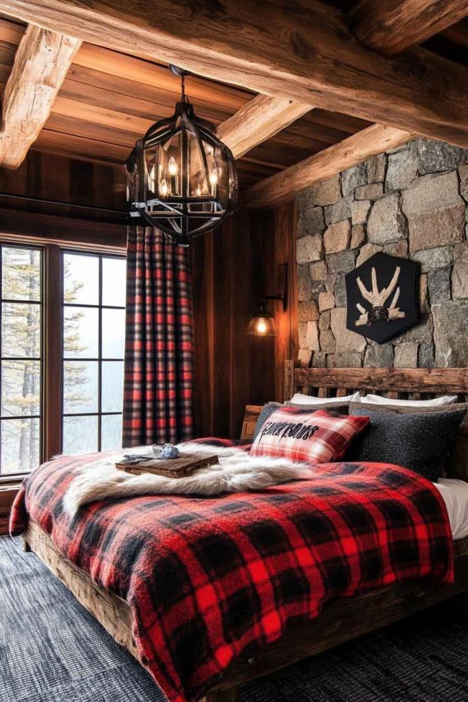 Rustic Cabin-Inspired Bedroom with Plaid Patterns