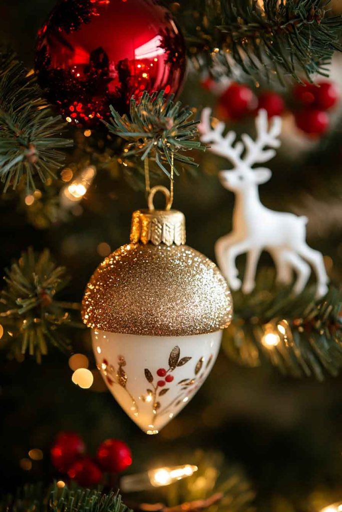 This image shows a close-up of a beautiful Christmas tree ornament in a cozy cottage style