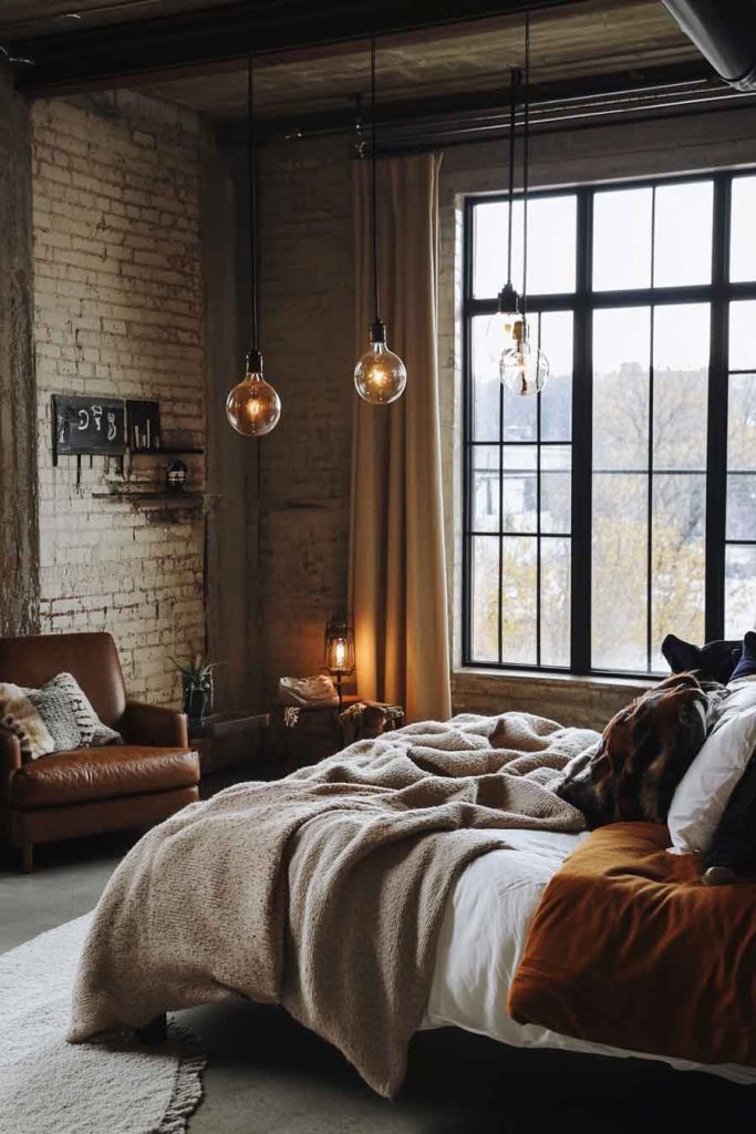 Industrial Loft Bedroom with Warm Textiles