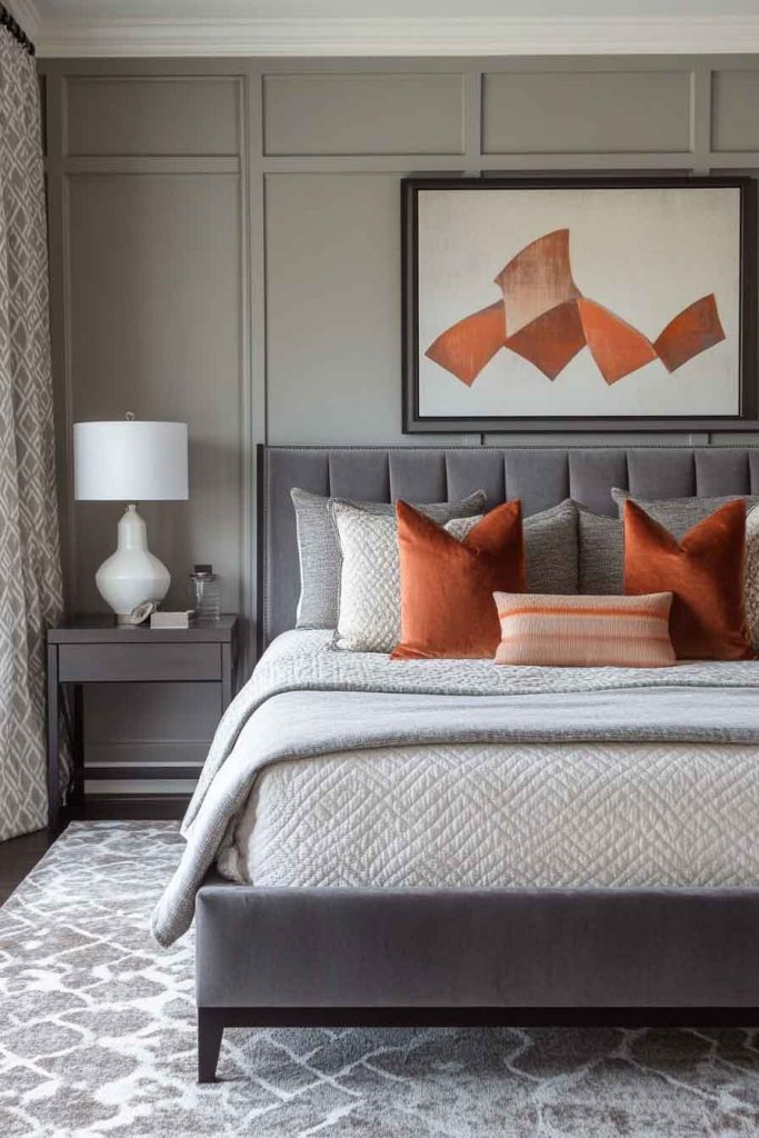 Transitional Fall Bedroom with Grey and Rust