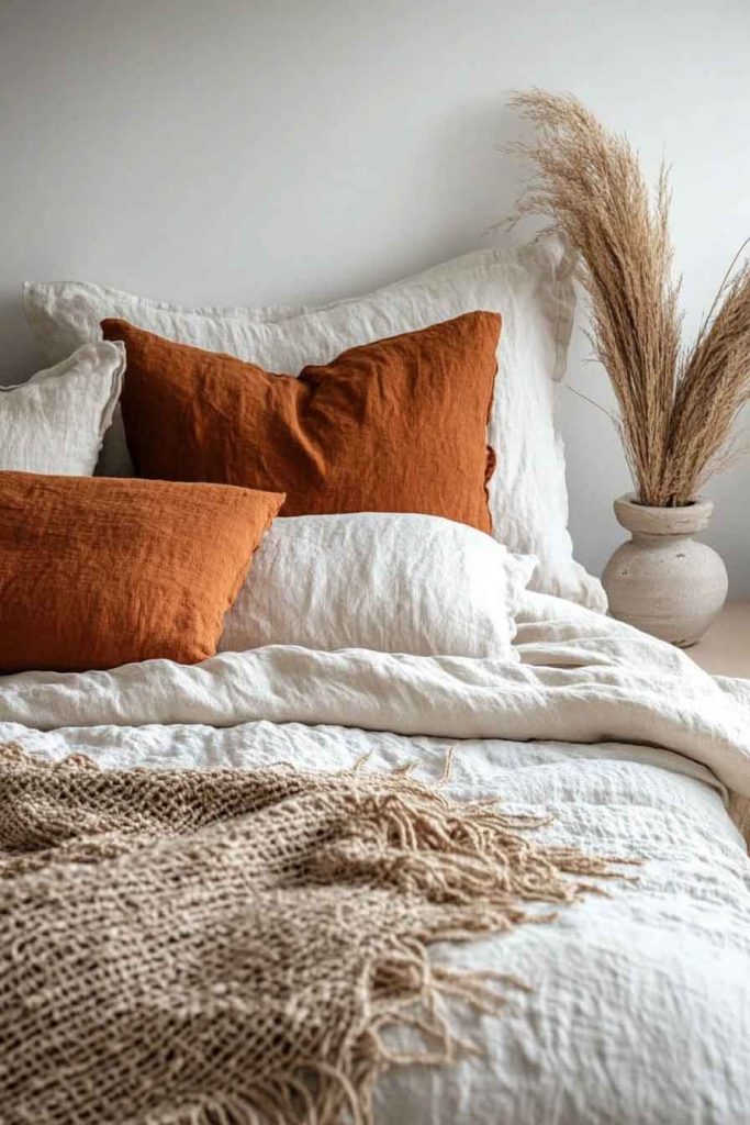Earthy Linen Bedding with Terracotta Accents