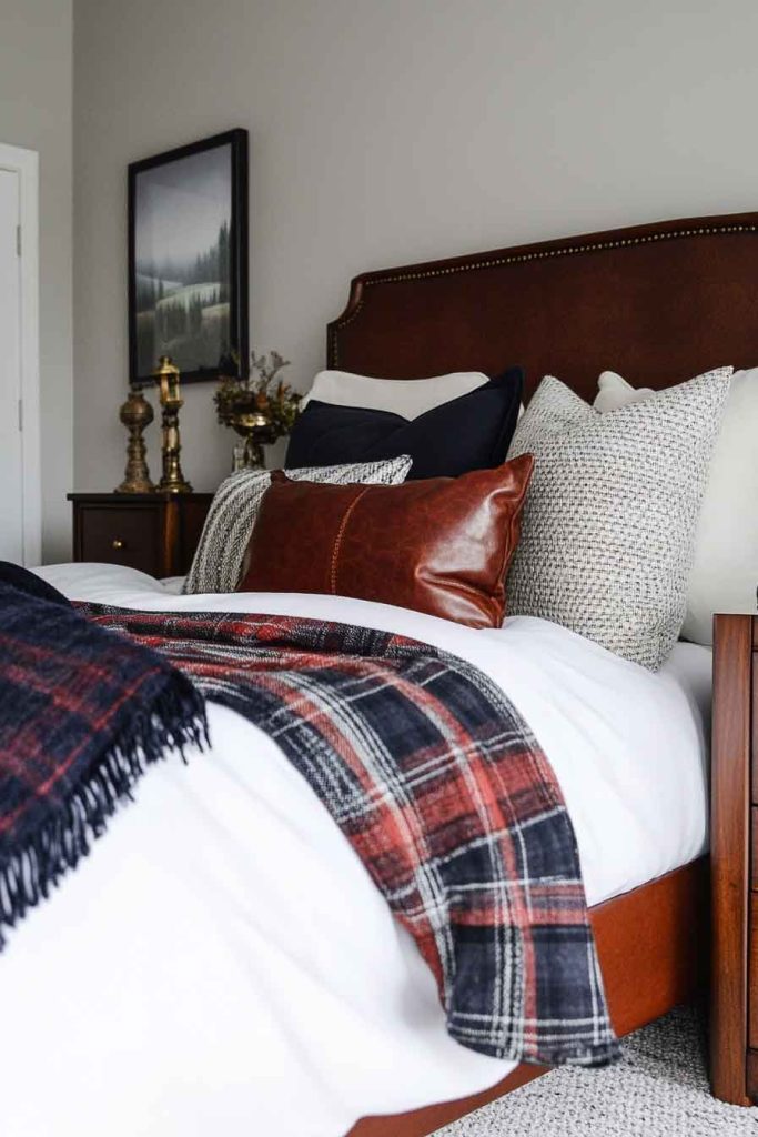 Burgundy and Navy Plaid with Leather Accents