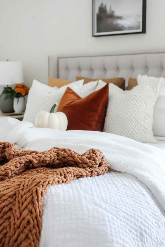 Textured White Bedding with Fall Accents