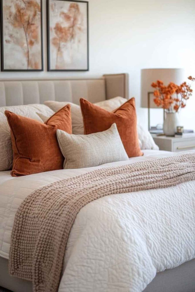 Taupe Bedding with Copper and Rust