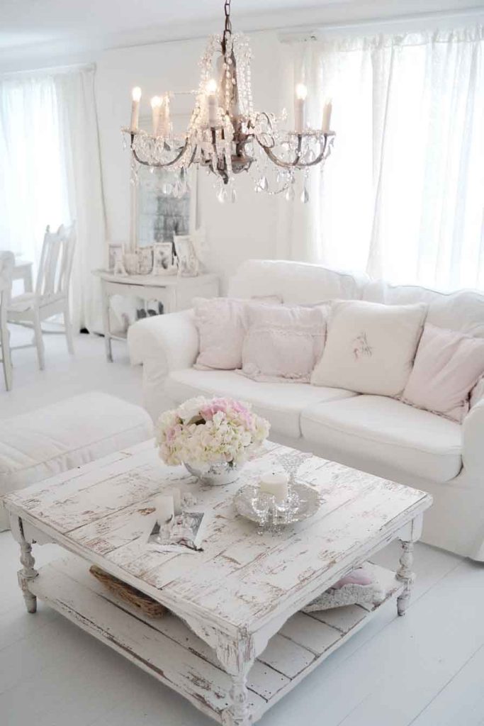 Classic White Shabby Chic Living Room with Distressed Furniture