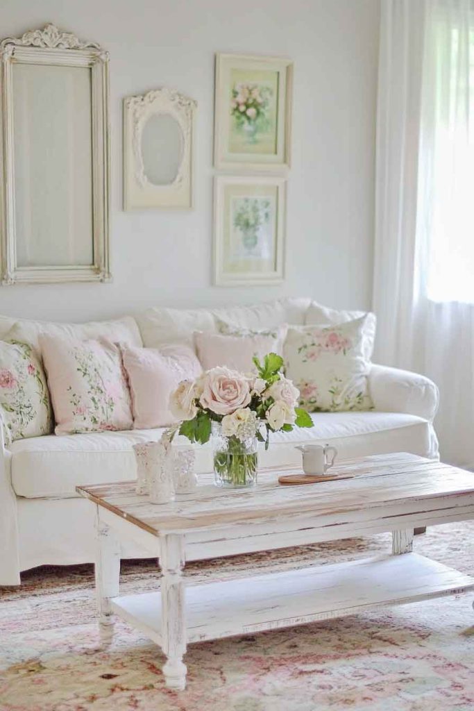 Romantic Shabby Chic Living Room with Floral Patterns