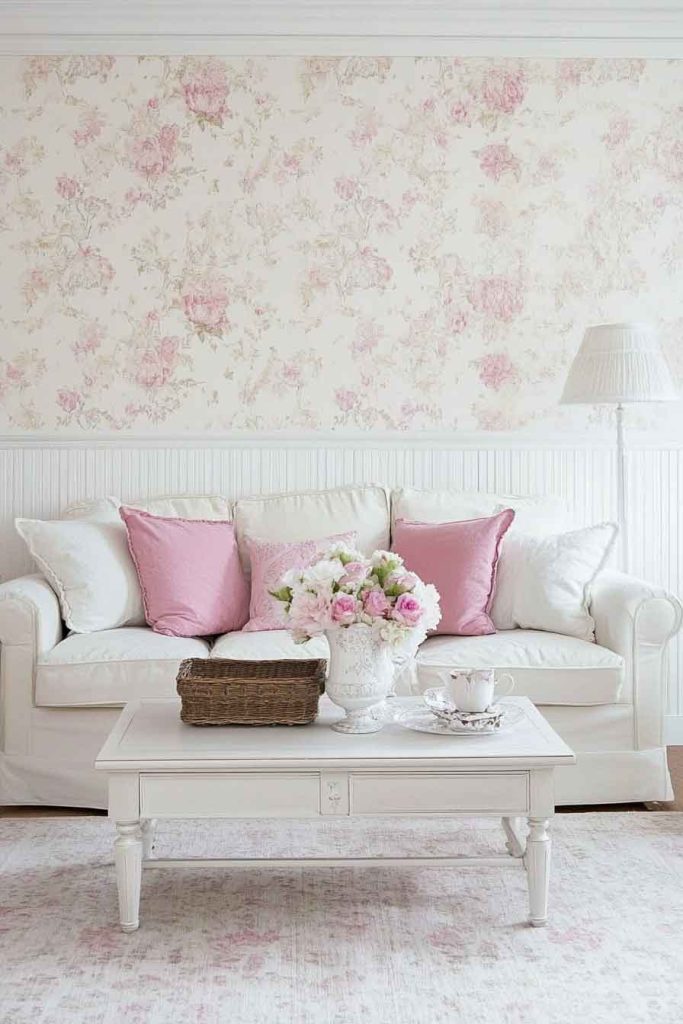 Shabby Chic Living Room with Wallpaper