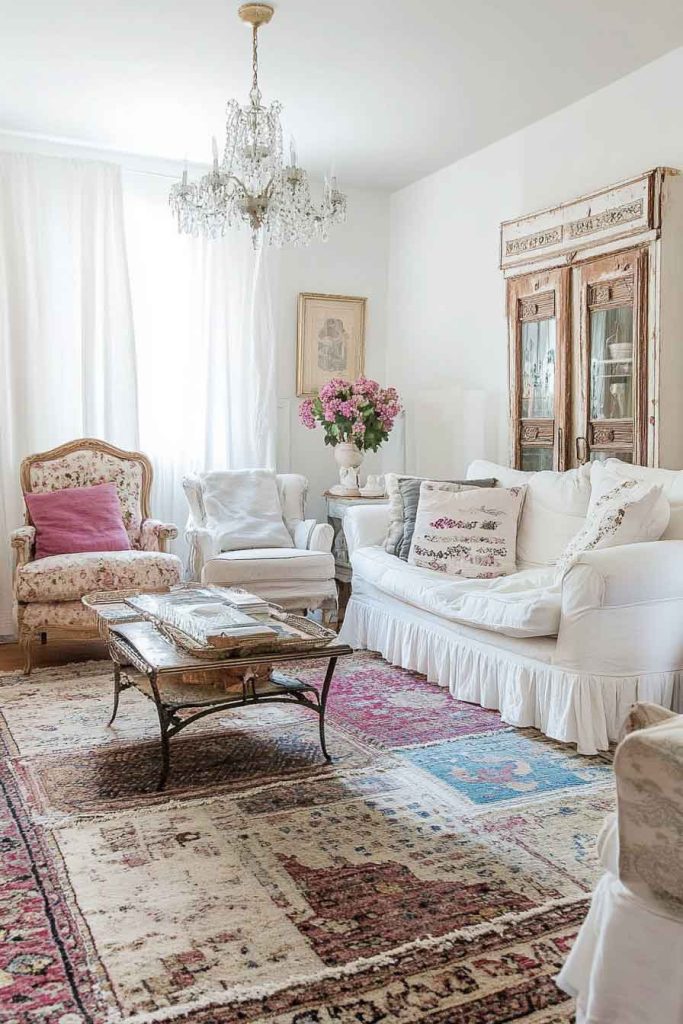 Shabby Chic Living Room with Vintage Rugs