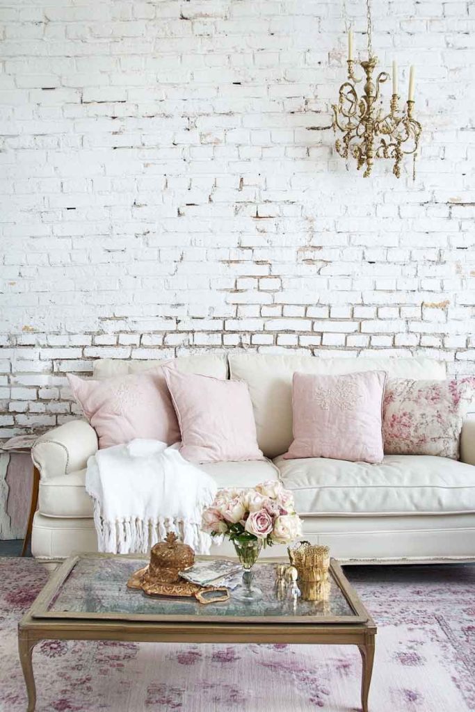Shabby Chic Living Room with White Brick