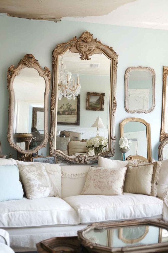 Shabby Chic Living Room with Vintage Mirrors