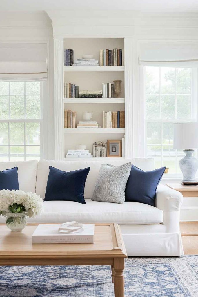 Elegant White Living Room with Navy Accents