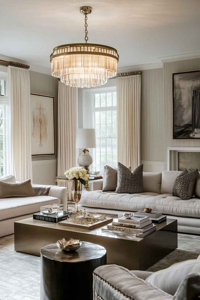 Refined Living Room with Statement Lighting