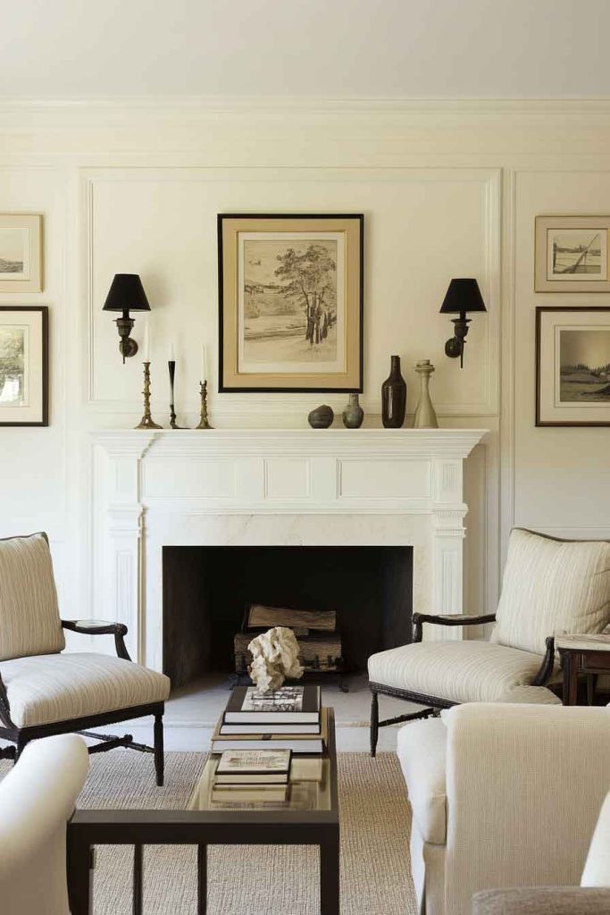 Elegant Living Room with Decorative Fireplace Mantel