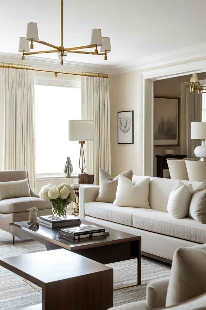 Timeless Living Room with Neutral Tones and Warm Metals