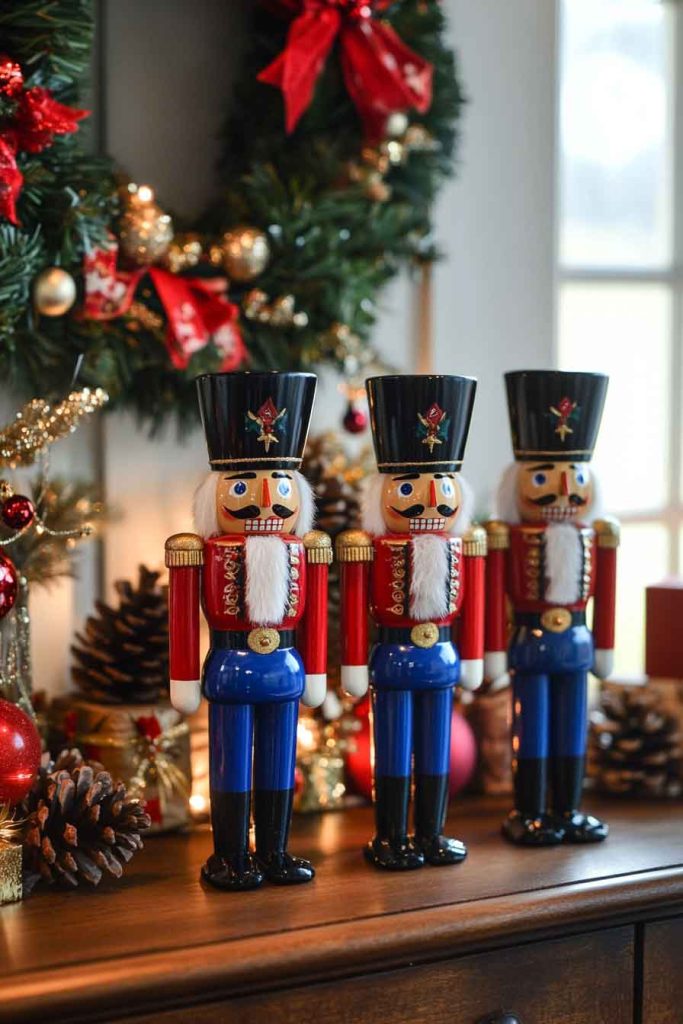 This image shows a festive cottage-style Christmas display with colorful nutcrackers