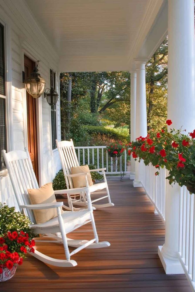 Classic Front Porch with White Columns and Rocking Chairs