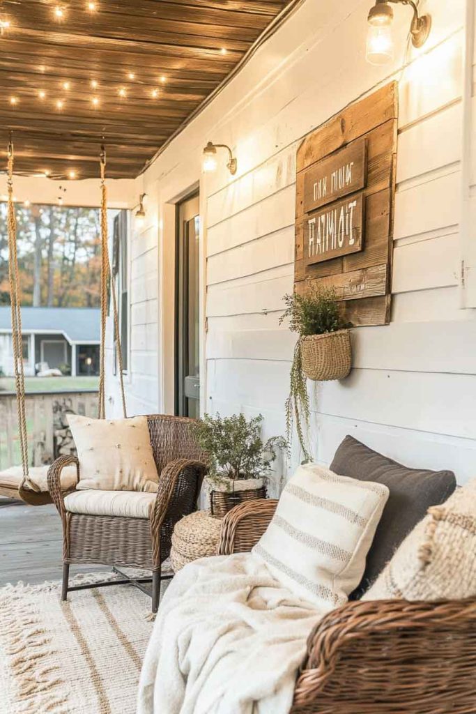 Rustic Farmhouse Porch with Shiplap and String Lights