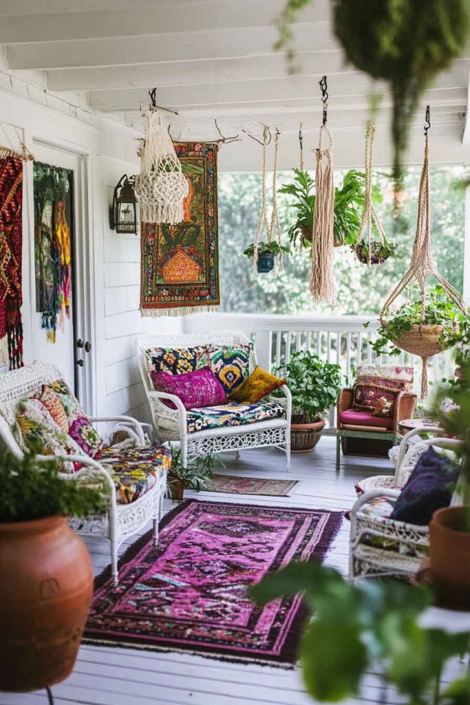 Bohemian Porch with Global Textiles and Eclectic Art